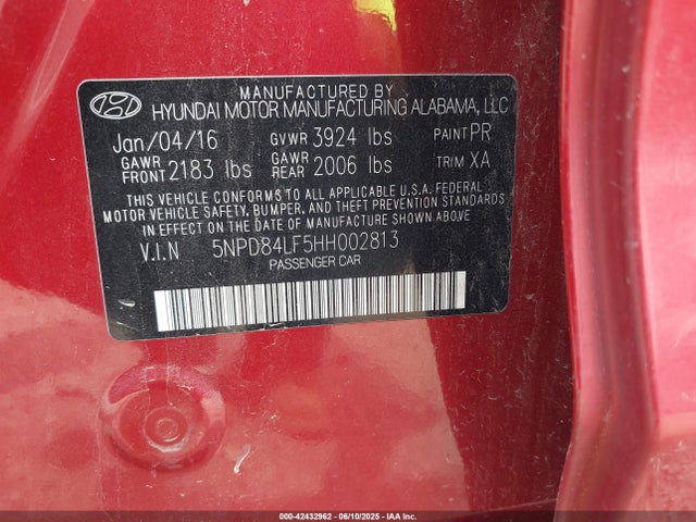 5NPD84LF5HH002813 Hyundai 2017