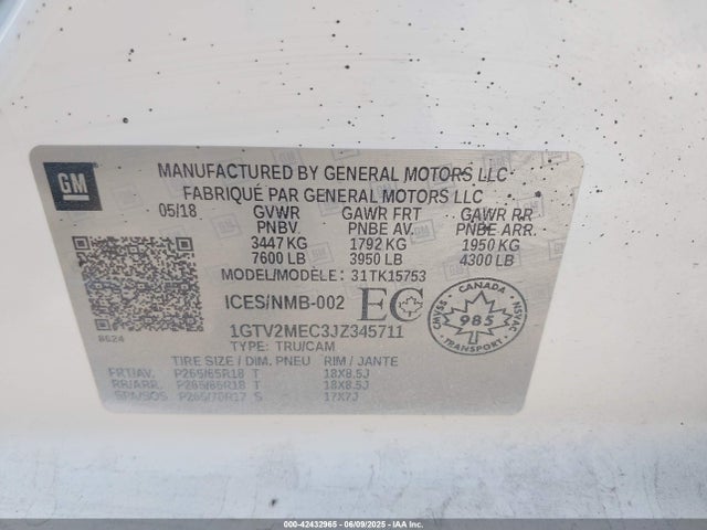 1GTV2MEC3JZ345711 GMC l83 -spark ignited direct injection, variable valve timing, afm, e85 max, alum