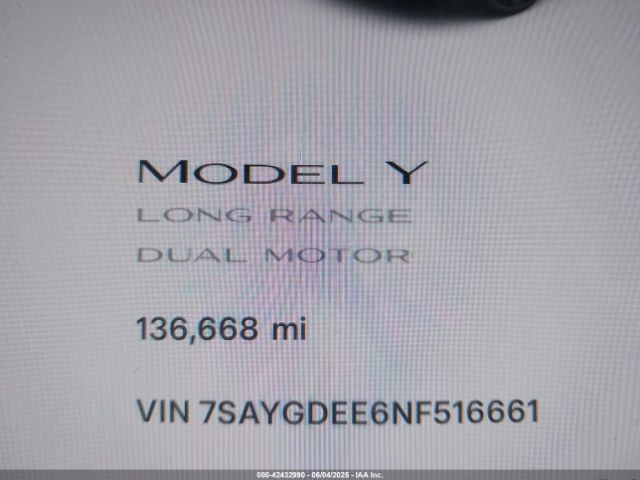 7SAYGDEE6NF516661 Tesla Model Y Long Range Dual Motor All-wheel Drive