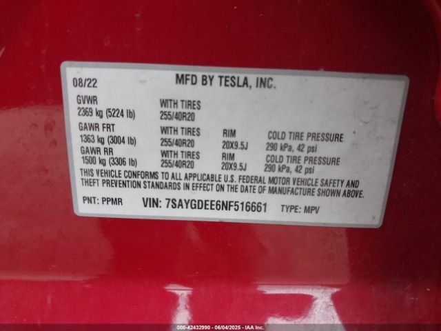 7SAYGDEE6NF516661 Tesla Model Y Long Range Dual Motor All-wheel Drive
