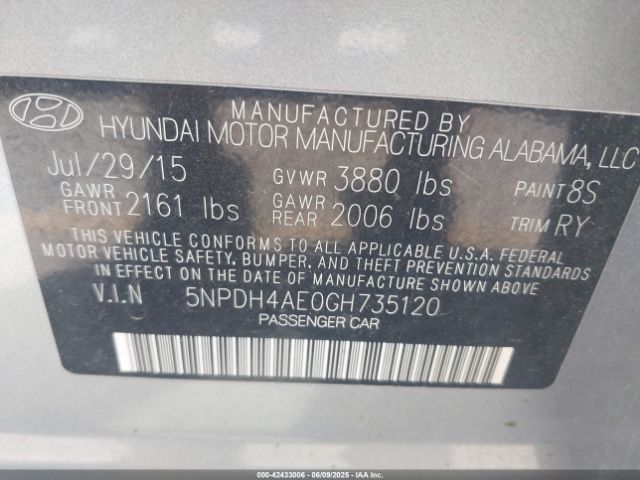 5NPDH4AE0GH735120 Hyundai Elantra Limited