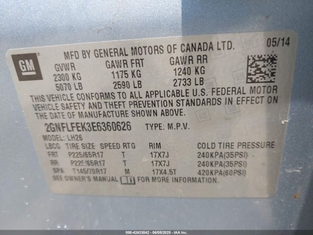2GNFLFEK3E6360626 Chevrolet EQUINOX 1LT