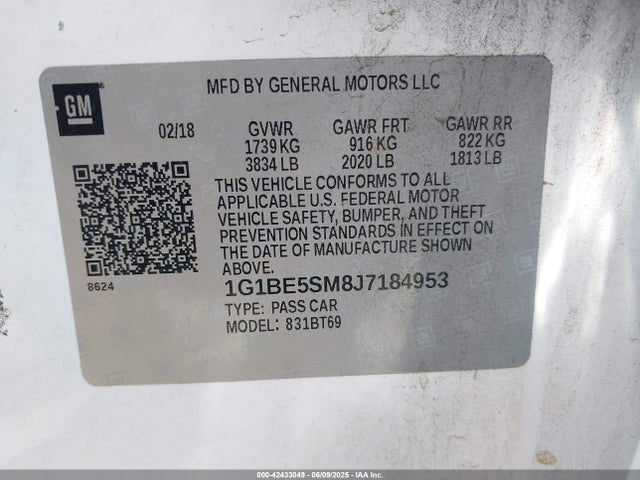 1G1BE5SM8J7184953 Chevrolet le2 -di: direct injection, vvt: variable valve timing, gen, alum