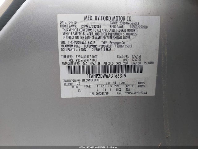 Aukcja sprzedaży 2010 Ford Taurus Se, vin: 1FAHP2DW6AG166319, numer aukcji: 42433080