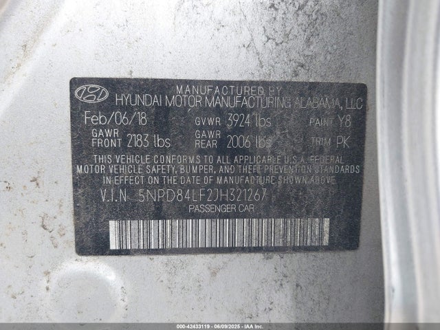 5NPD84LF2JH321267 Hyundai ELANTRA SEL