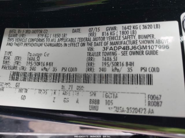 3FADP4BJ6GM107996 Ford FIESTA SE