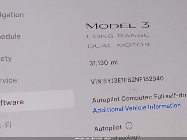 5YJ3E1EB2NF182940 Tesla Model 3 Long Range Dual Motor All-wheel Drive
