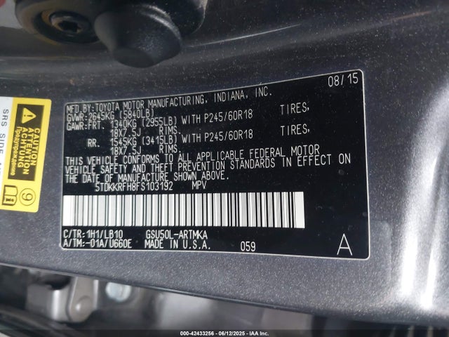 Toyota 2gr-fe 2015 5TDKKRFH8FS103192 Image 9