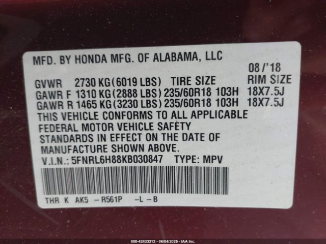 2019 HONDA ODYSSEY 5FNRL6H88KB030847 Photo 8