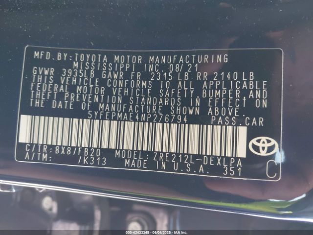 5YFEPMAE4NP276794 Toyota 2zr-fae