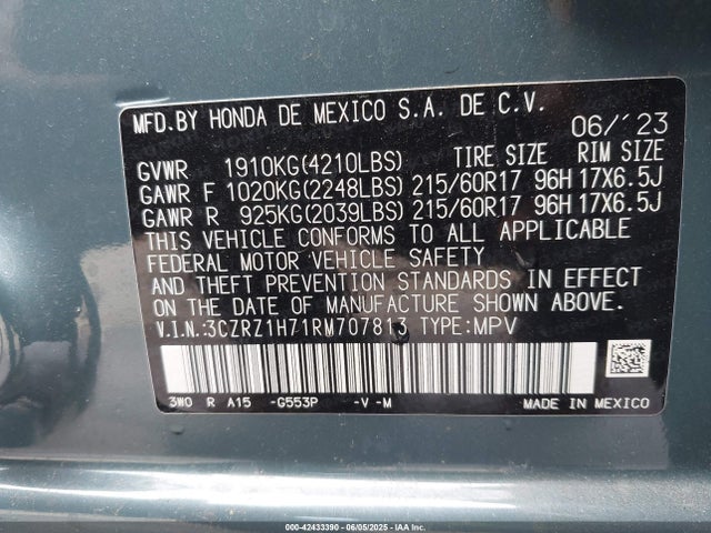 3CZRZ1H71RM707813 Honda Hr-v 2wd Ex-l/2wd Ex-l W/o Bsi