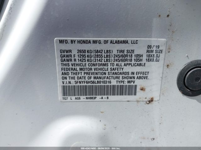 5FNYF6H56LB010316 Honda Pilot Awd Ex-l