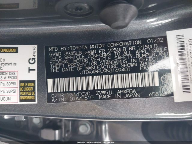 JTDKAMFU9N3169401 Toyota 2zr-fxe,1nm