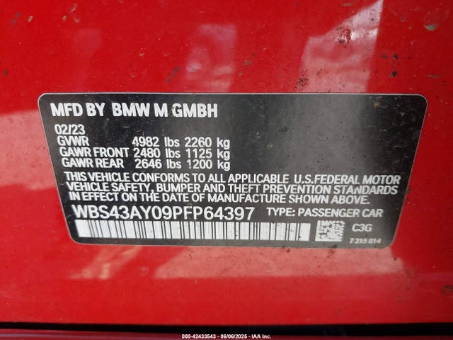 2023 Bmw M3 Competition Xdrive მანქანა იყიდება აუქციონზე, vin: WBS43AY09PFP64397, აუქციონის ნომერი: 42433543
