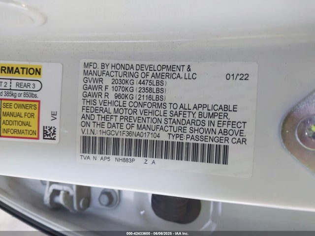 1HGCV1F36NA017104 Honda l15be