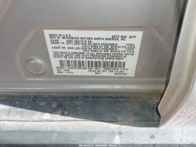 4A4AP3AU1FE062336 Mitsubishi Outlander Sport Es