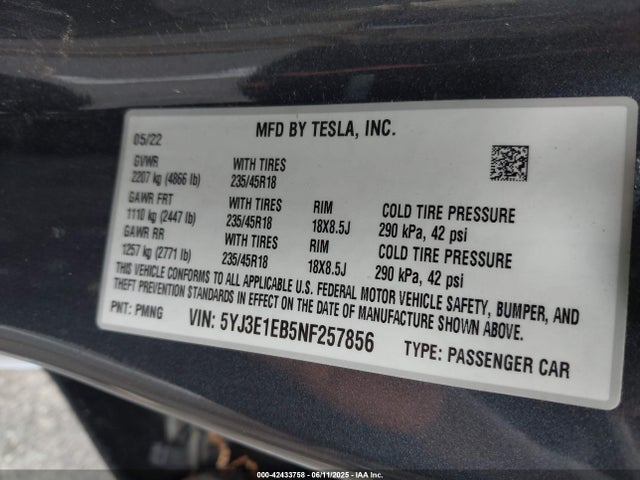 Продажа на аукционе авто 2022 Tesla Model 3 Long Range Dual Motor All-wheel Drive, vin: 5YJ3E1EB5NF257856, номер лота: 42433758