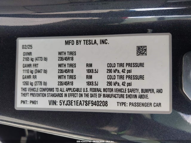 2025 TESLA MODEL 3 5YJ3E1EA7SF940208 Photo 8