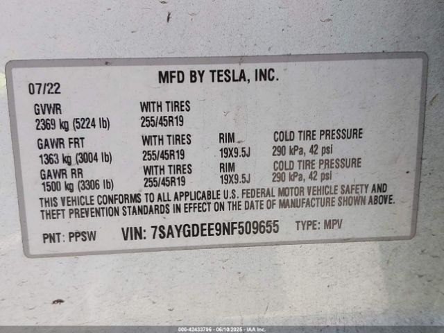 2022 TESLA MODEL Y 7SAYGDEE9NF509655 Photo 8