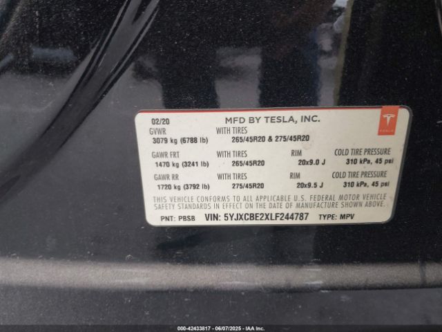 2020 TESLA MODEL X 5YJXCBE2XLF244787 Photo 8