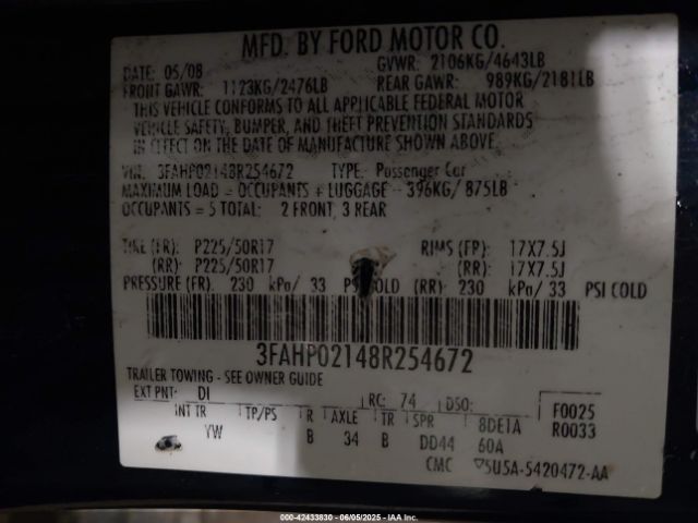 2008 FORD FUSION 3FAHP02148R254672 Photo 8