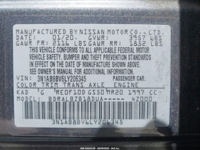3N1AB8BV6LY206345 Nissan Sentra S Xtronic Cvt