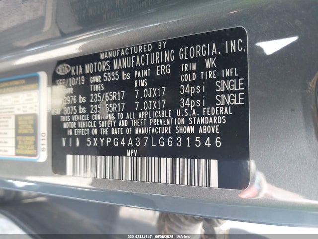 Aukcja sprzedaży 2020 Kia Sorento 2.4l Lx, vin: 5XYPG4A37LG631546, numer aukcji: 42434147