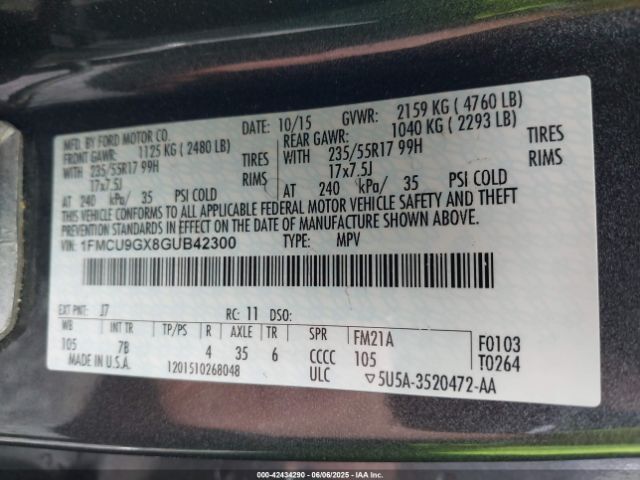 1FMCU9GX8GUB42300 Ford ESCAPE SE