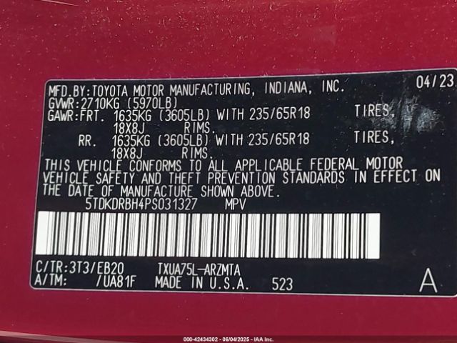 5TDKDRBH4PS031327 Toyota Highlander Xle