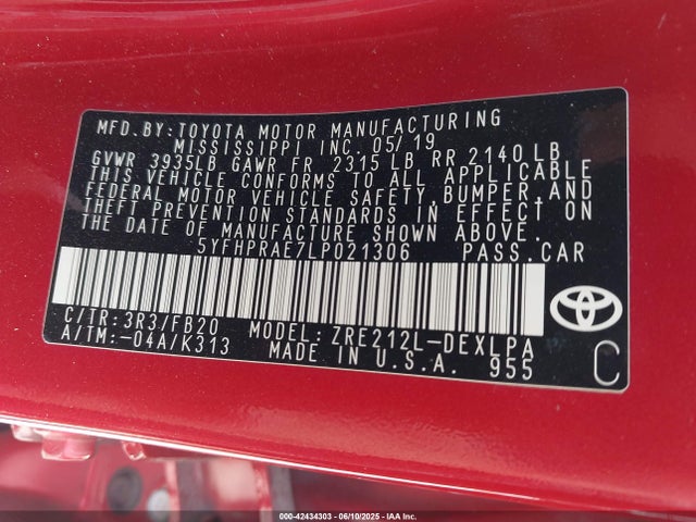 5YFHPRAE7LP021306 Toyota 2zr-fae
