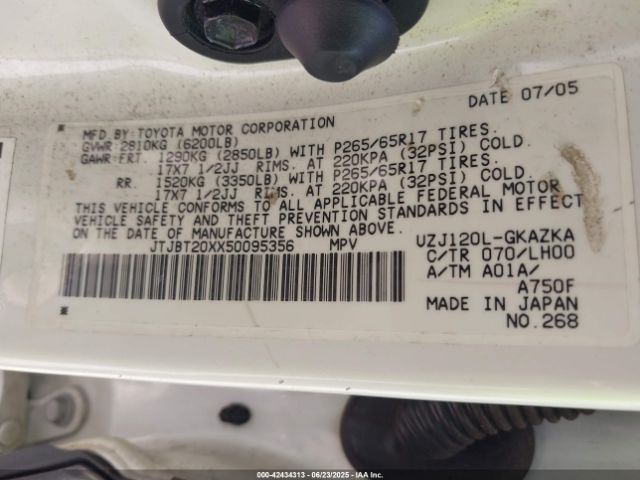 2005 LEXUS GX 470 JTJBT20XX50095356 Photo 8