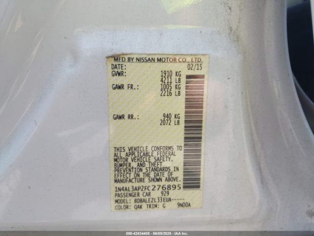 1N4AL3AP2FC276895 Nissan Altima 2.5/2.5 S/2.5 Sl/2.5 Sv