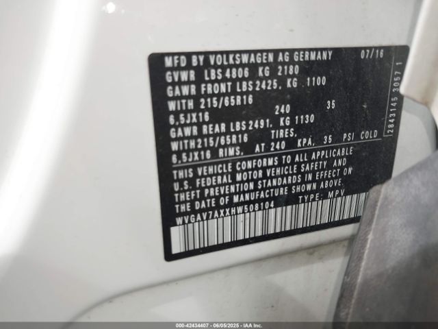 WVGAV7AXXHW508104 Volkswagen Tiguan 2.0t S