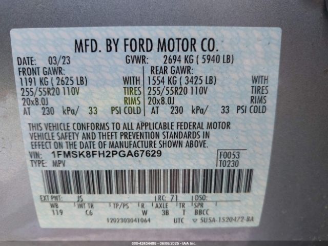 1FMSK8FH2PGA67629 Ford Explorer Limited