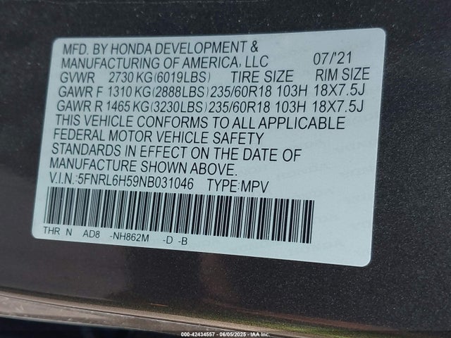 Honda ODYSSEY EX 2022 5FNRL6H59NB031046 Image 9