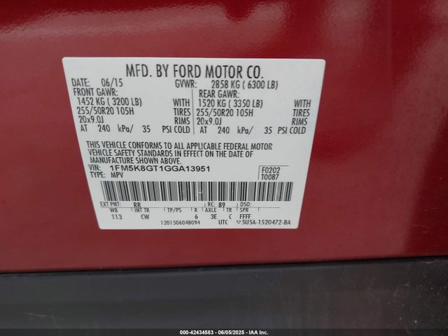 1FM5K8GT1GGA13951 Ford 2016