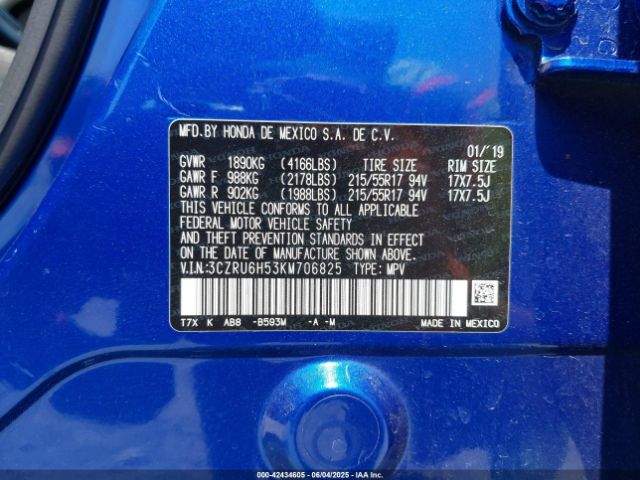 3CZRU6H53KM706825 Honda HR-V EX