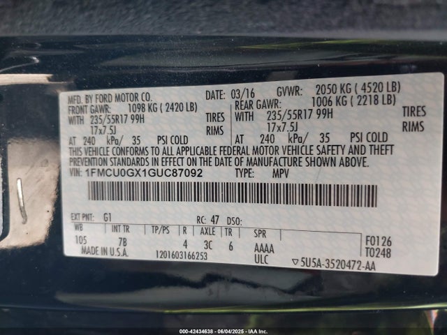 1FMCU0GX1GUC87092 Ford ESCAPE SE