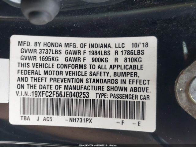 19XFC2F56JE040253 Honda Civic Lx