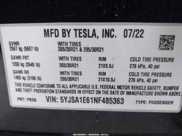 2022 TESLA MODEL S 5YJSA1E61NF485363 Photo 8