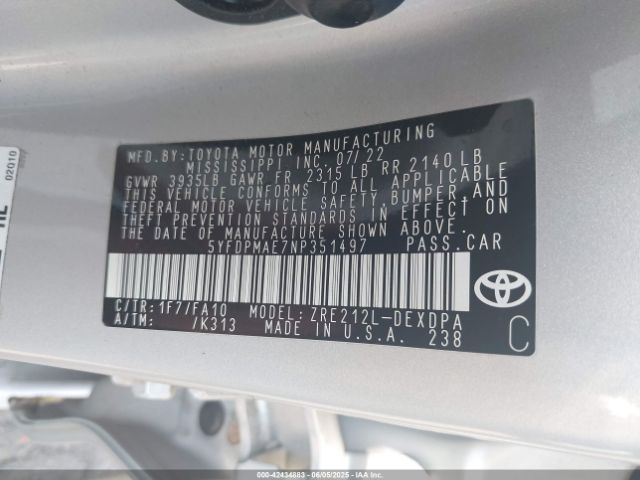 2022 TOYOTA COROLLA 5YFDPMAE7NP351497 Photo 8