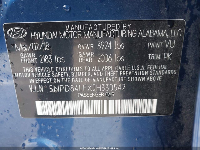 5NPD84LFXJH330542 Hyundai mpi nu