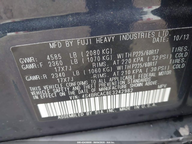 Subaru 2.5na u6 2014 4S4BRCAC8E3242982 Image 9
