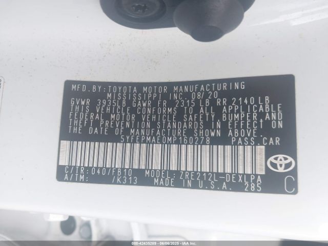 2021 TOYOTA COROLLA 5YFEPMAE0MP160278 Photo 8