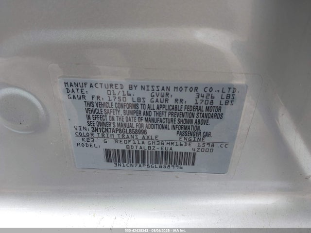 3N1CN7AP8GL858996 Nissan Versa 1.6 Sv