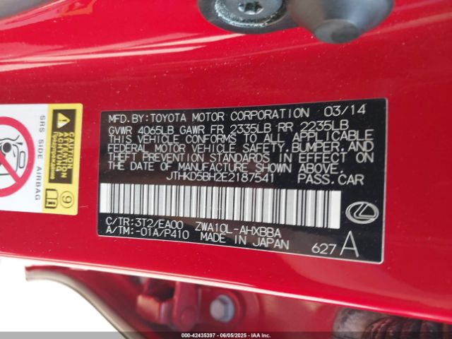 JTHKD5BH2E2187541 Lexus CT 200H