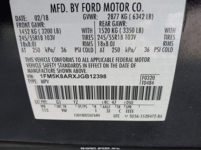 1FM5K8ARXJGB12398 Ford 3.7l ti-vct