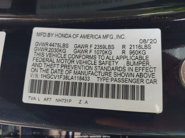 1HGCV1F38LA118433 Honda l15be