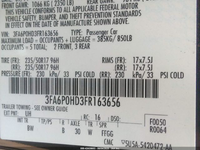 3FA6P0HD3FR163656 Ford FUSION SE