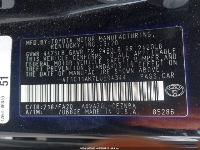 2020 TOYOTA CAMRY 4T1C11AK7LU504344 Photo 8